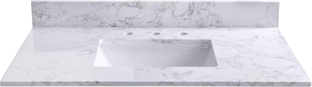 37' x22 Vanity Top with Under Mount Rectangle Bowl, Carrara White, artificial Marble Stone, 8' Pre-Drilled Holes, 37'x22' Vanity Top Sink, Reinforced Packaging (Not included Faucet)