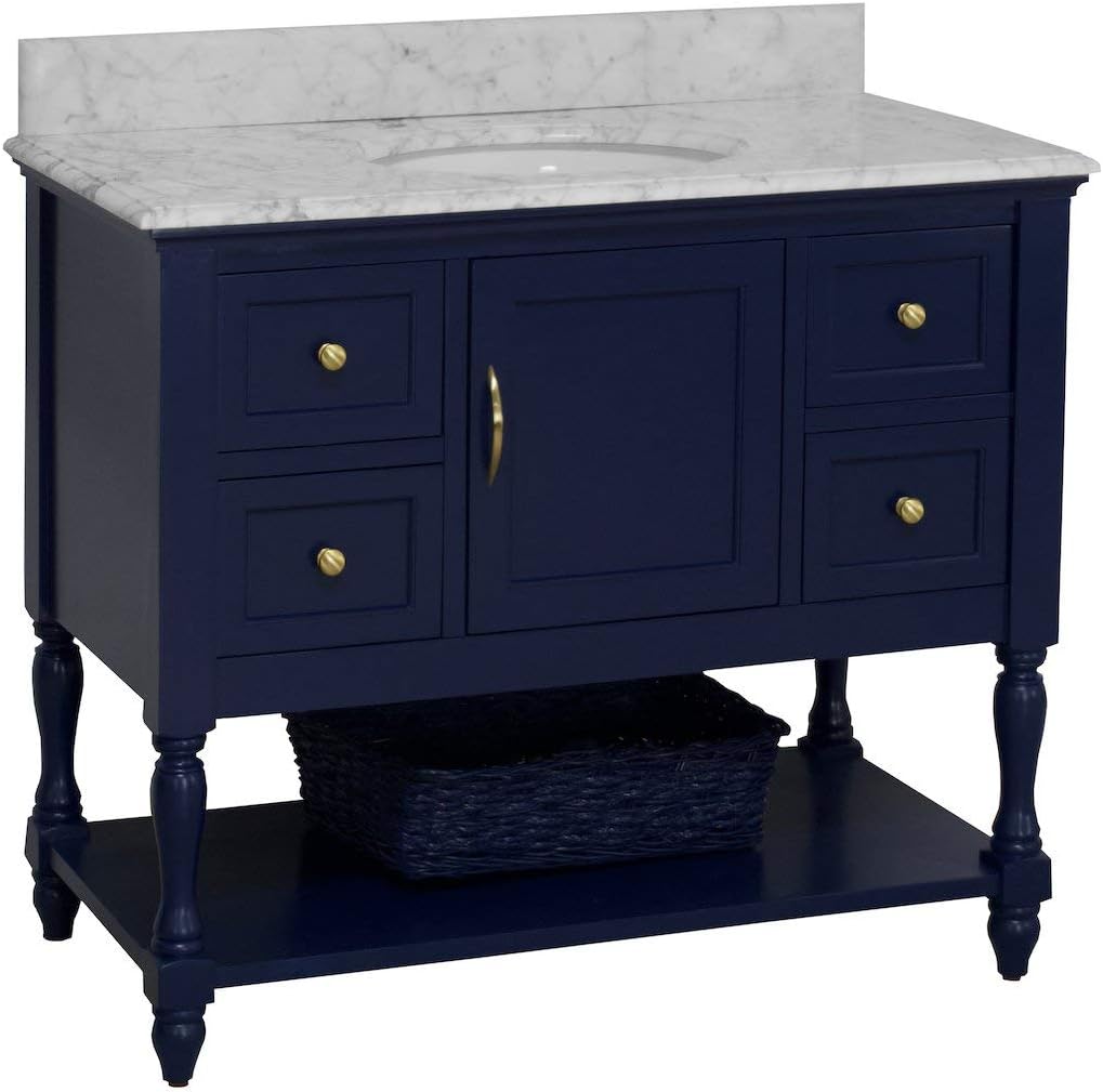 Beverly 42-inch Bathroom Vanity (Carrara/Royal Blue): Includes Royal Blue Cabinet with Authentic Italian Carrara Marble Countertop and White Ceramic Sink
