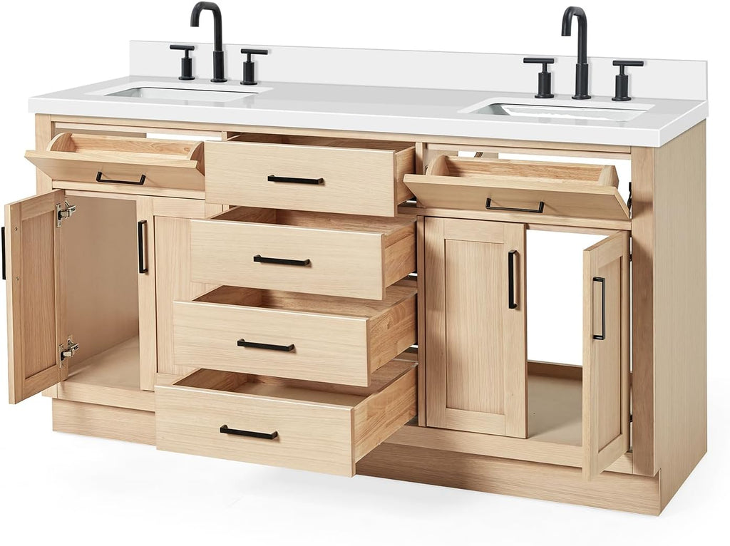 ARIEL Hepburn 66-inch Bathroom Vanity with Sink,Solid Wood, 1.5-inch Pure White Quartz Countertop, Double Rectangular Porcelain Sink, 4 Soft Closing Doors, 6 Dovetail Drawers, White Oak