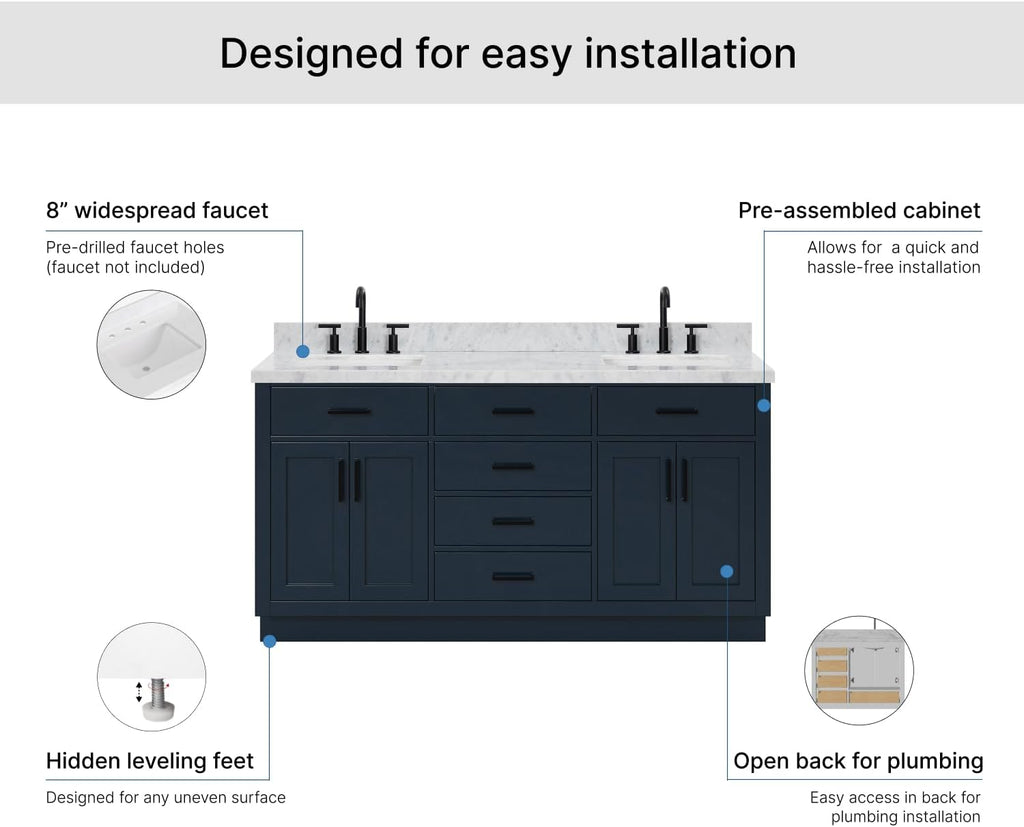 ARIEL Hepburn 66-inch Bathroom Vanity with Sink,Solid Wood, 1.5-inch Italian Carrara Marble Countertop, Double Rectangular Porcelain Sink, 4 Soft Closing Doors, 6 Dovetail Drawers, Midnight Blue