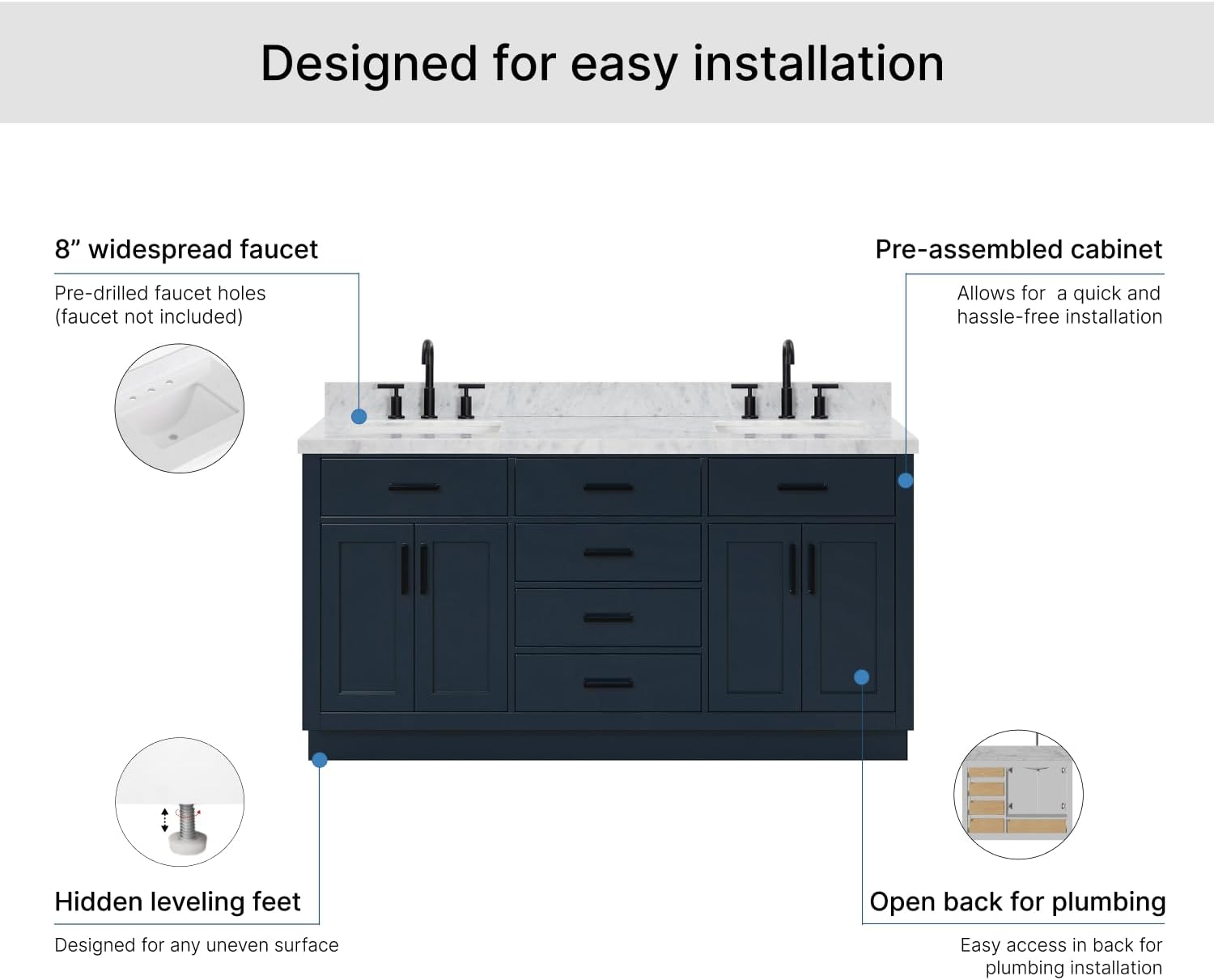 ARIEL Hepburn 66-inch Bathroom Vanity with Sink,Solid Wood, 1.5-inch Italian Carrara Marble Countertop, Double Rectangular Porcelain Sink, 4 Soft Closing Doors, 6 Dovetail Drawers, Midnight Blue