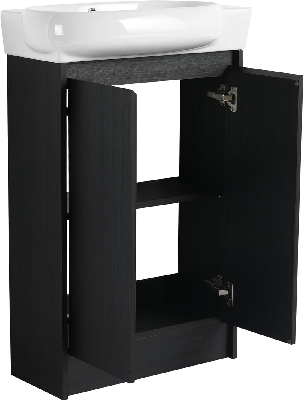 23' Small Bathroom Vanity with Sink, Freestanding Cabinet with Round Ceramic Basin, Soft Closing Doors, Adjustable Shelves, Modern Single Sink Vanity for Small Space, Black