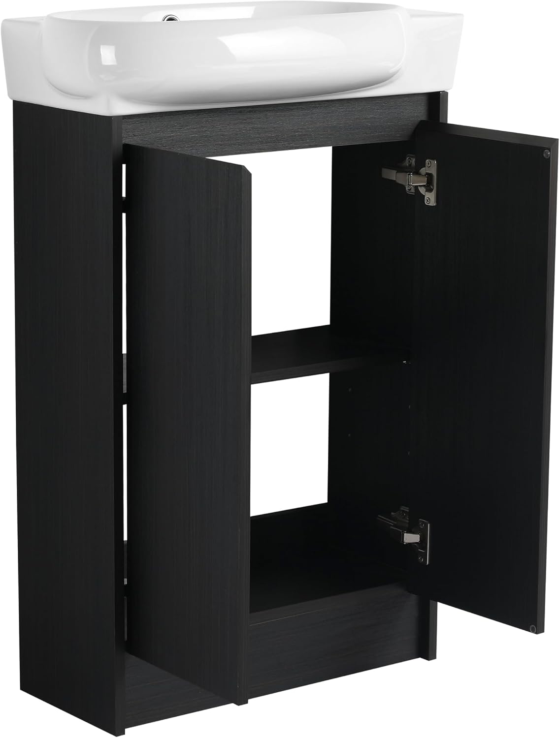 23' Small Bathroom Vanity with Sink, Freestanding Cabinet with Round Ceramic Basin, Soft Closing Doors, Adjustable Shelves, Modern Single Sink Vanity for Small Space, Black