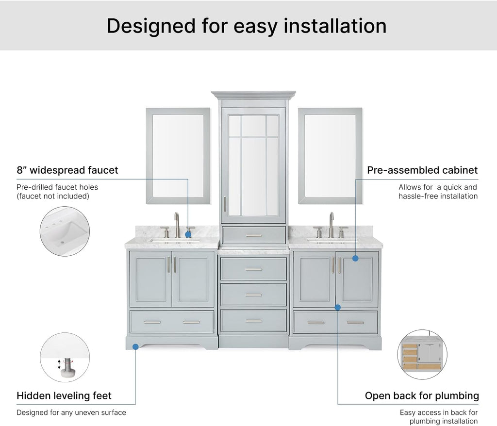 ARIEL Stafford 84-inch Bathroom Vanity with Sink,Solid Wood, 1.5-inch Italian Carrara Marble Countertop, Double Rectangular Porcelain Sink, 5 Soft Closing Doors, 6 Dovetail Drawers, Grey