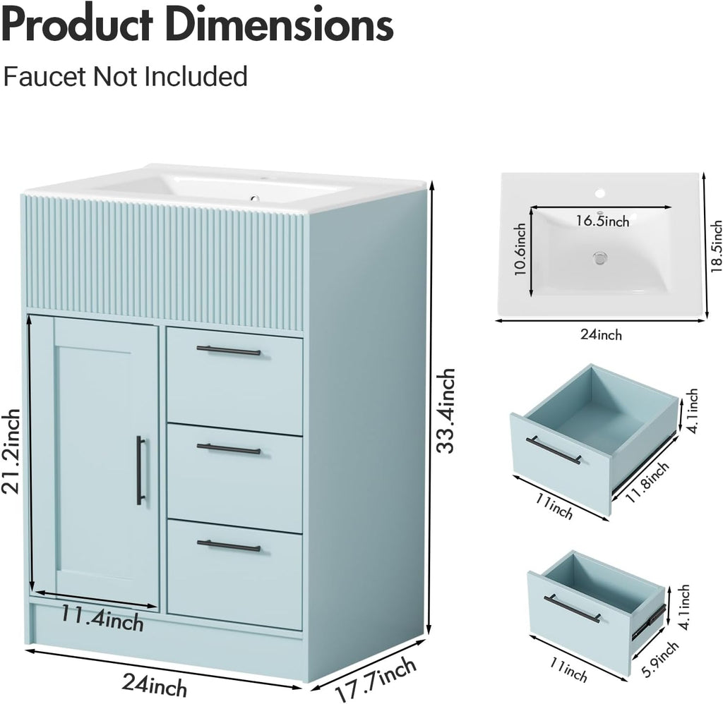 Kikihouse 24 Inch Bathroom Vanity with Sink, Freestanding Modern Bathroom Vanity Cabinet with Ceramic Basin, Single Sink Small Bathroom Vanity for Apartment (Blue, 24 inch)