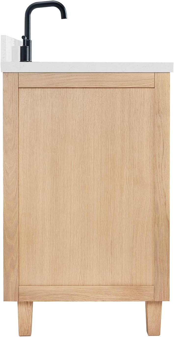 ARIEL Monroe 60-inch Bathroom Vanity with Sink,Solid Wood, 1.5-inch Carrara White Quartz Countertop, Single Oval Porcelain Sink, Dovetail Drawers, White Oak