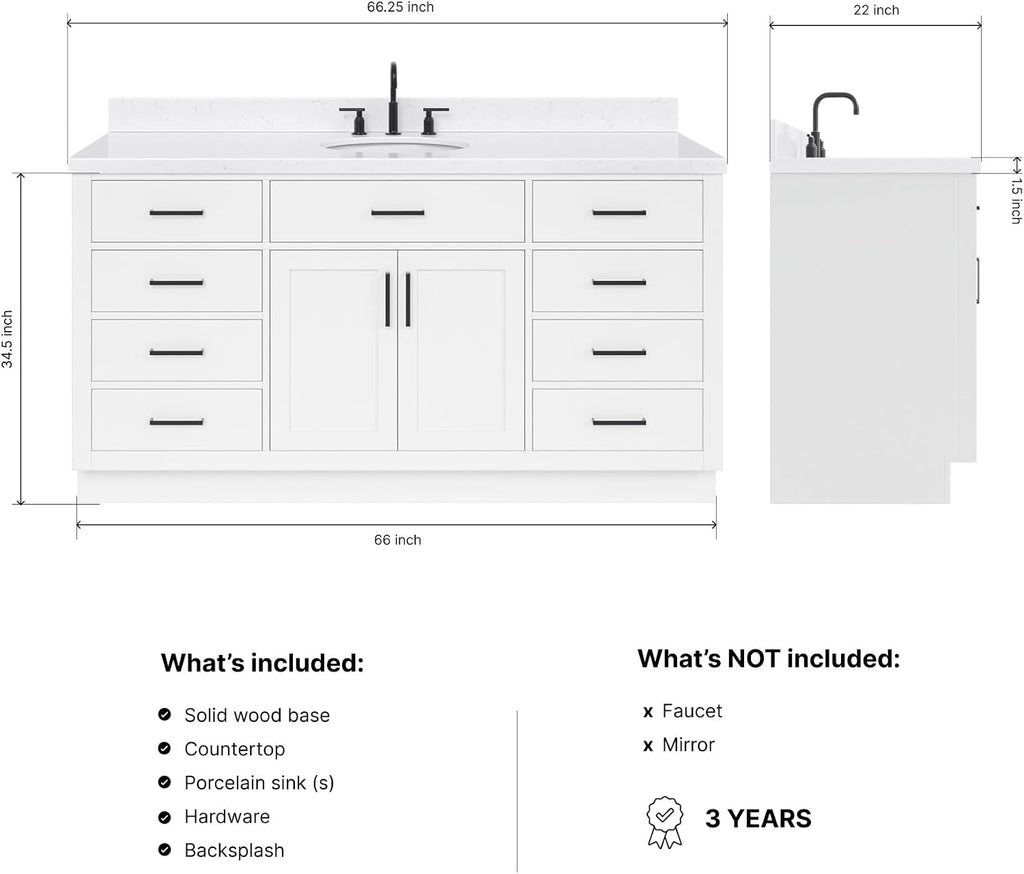 ARIEL Hepburn 66-inch Bathroom Vanity with Sink,Solid Wood, 1.5-inch Carrara White Quartz Countertop & Backsplash, Single Oval Porcelain Sink, 2 Soft Closing Doors, 9 Dovetail Drawers, White