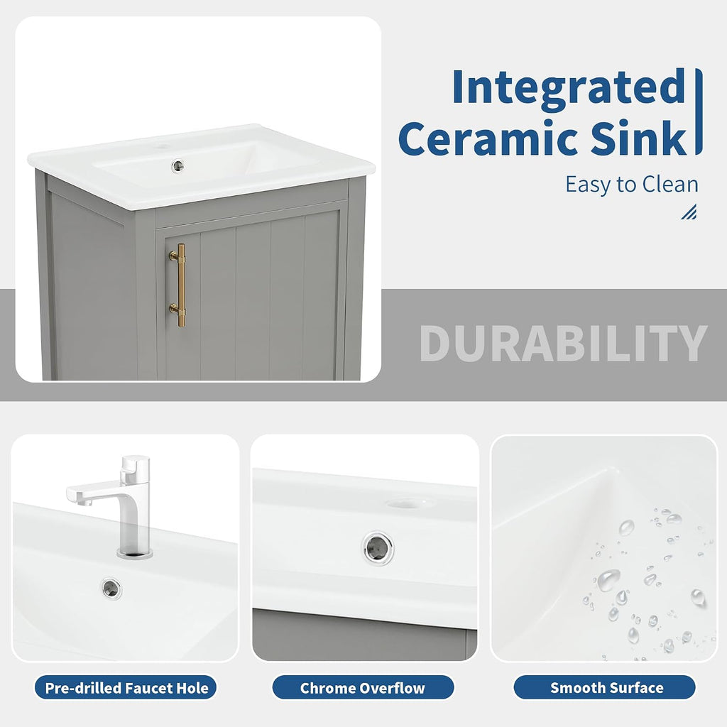 20' Bathroom Vanity Cabinet with Ceramic Sink Top Set, Freestanding, Two-Tier Storage Rack, Soft Closing Door, Grey