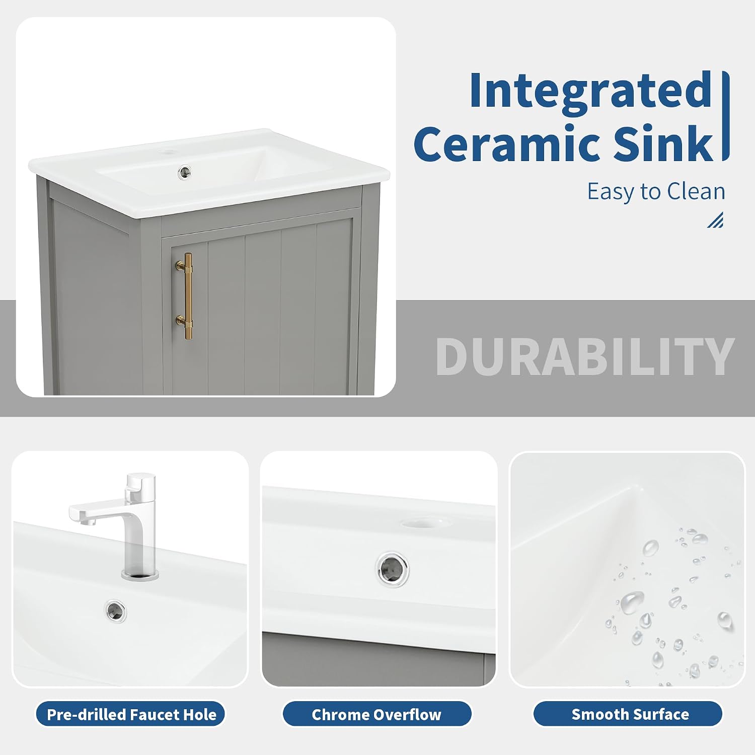 20' Bathroom Vanity Cabinet with Ceramic Sink Top Set, Freestanding, Two-Tier Storage Rack, Soft Closing Door, Grey
