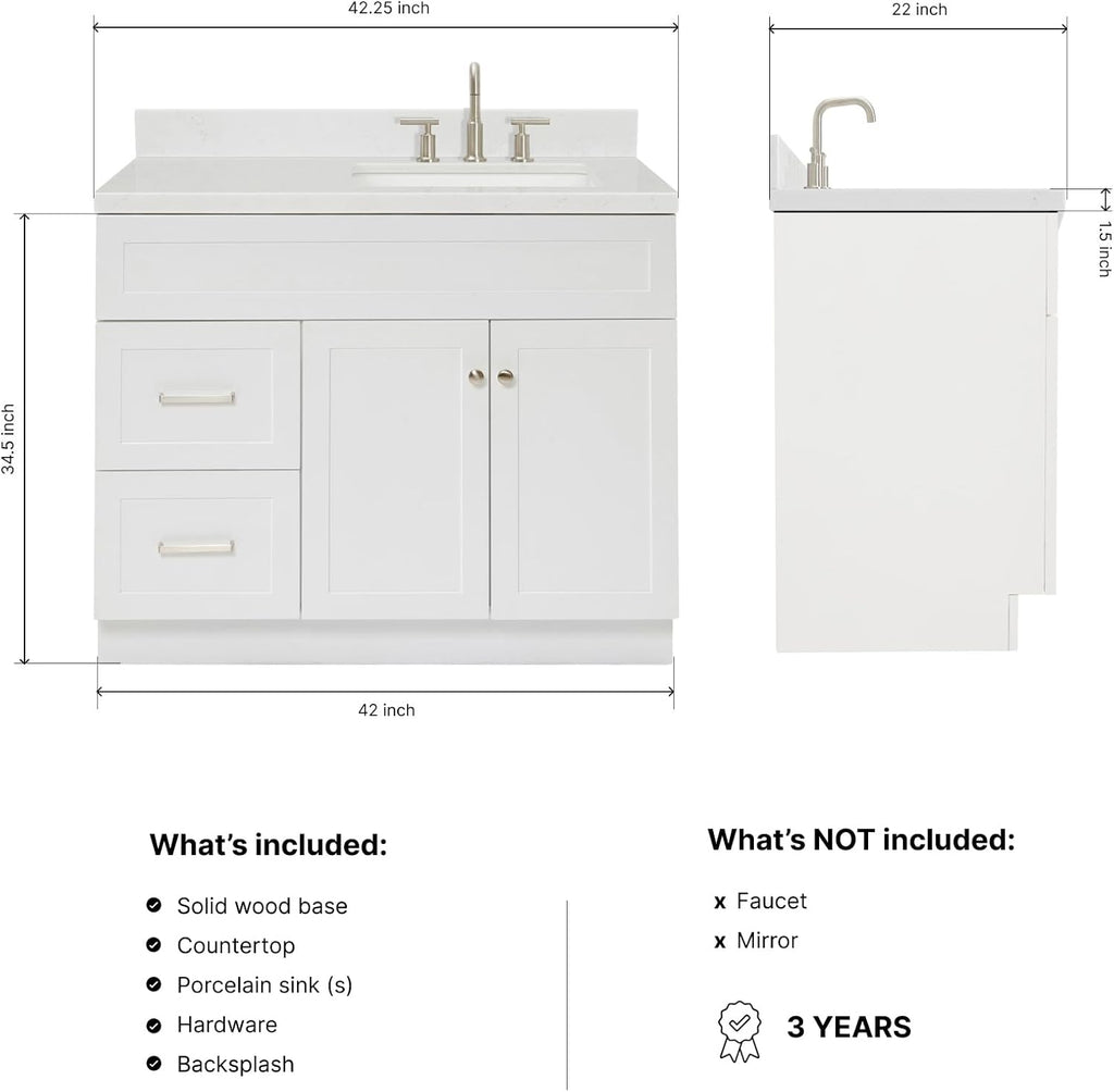 DKB Bradford 42-Inch White Single Bathroom Vanity with 1.5-Inch Carrara Quartz Countertop, Right Rectangular Sink, Solid Wood Frame, 2 Soft-Closing Doors, 2 Full Extension Dovetail Drawers, Toe Kick