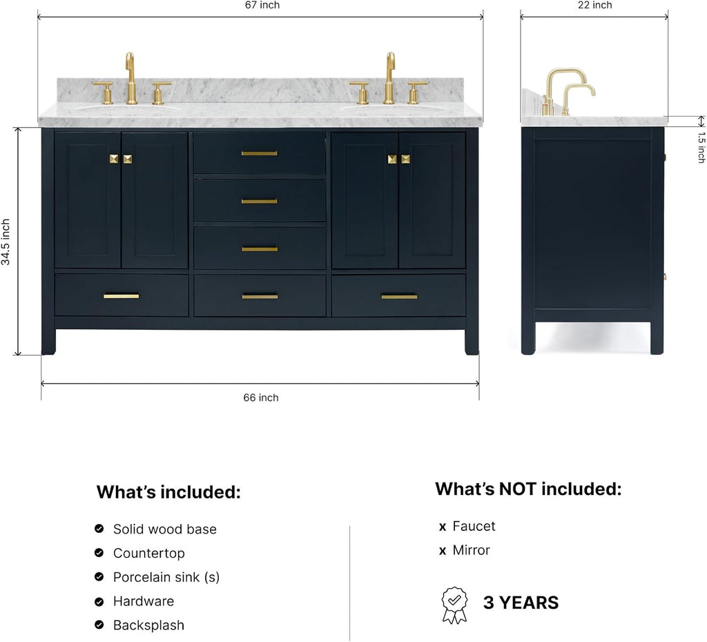 DKB Beckford 66' Midnight Blue Double Bathroom Vanity, 1.5' Edge Italian Carrara Marble Countertop, 2 Oval Undermount Sinks, 4 Soft Closing Doors, 6 Dovetail Drawers