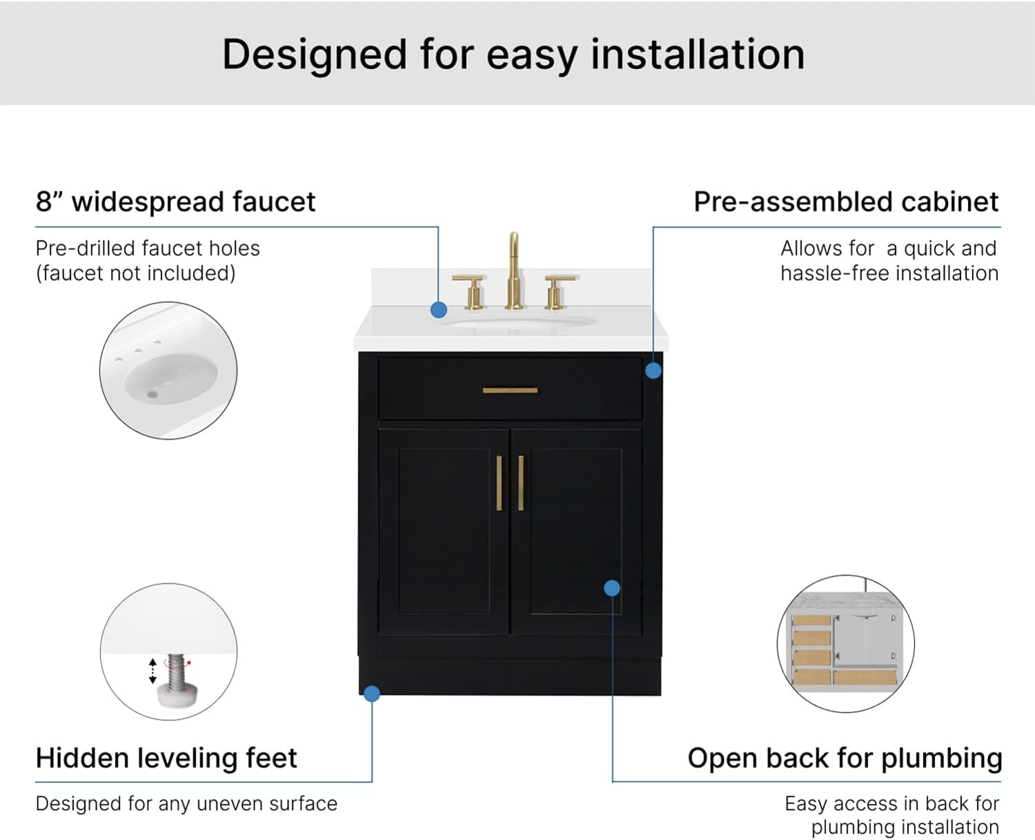 ARIEL Hepburn 30-inch Bathroom Vanity with Sink,Solid Wood, 1.5-inch Pure White Quartz Countertop & Backsplash, Single Oval Porcelain Sink, 2 Soft Closing Doors, 1 Dovetail Drawers, Black