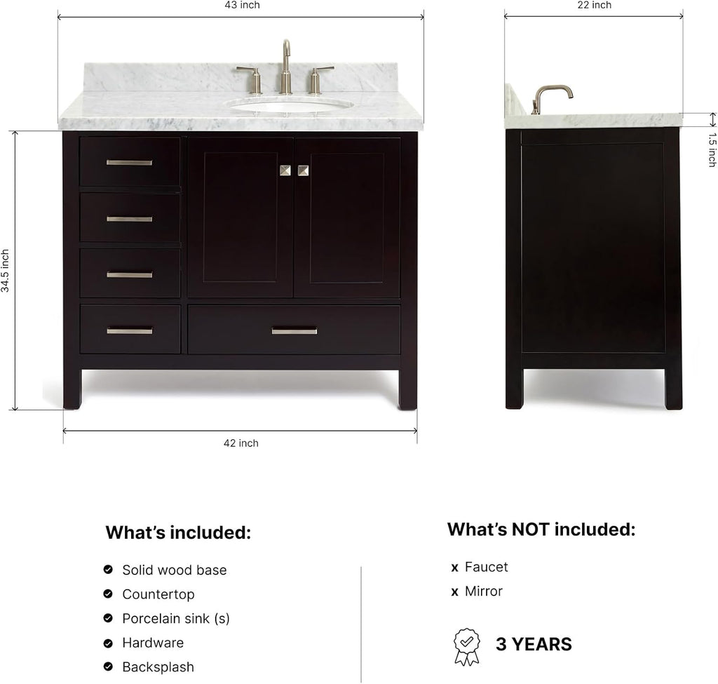 DKB Beckford 42' Espresso Bathroom Vanity with Sink – Carrara White Marble Countertop, Offset Oval Undermount Sink, Solid Wood, 2 Soft-Closing Doors, 5 Dovetail Drawers, Satin Nickel