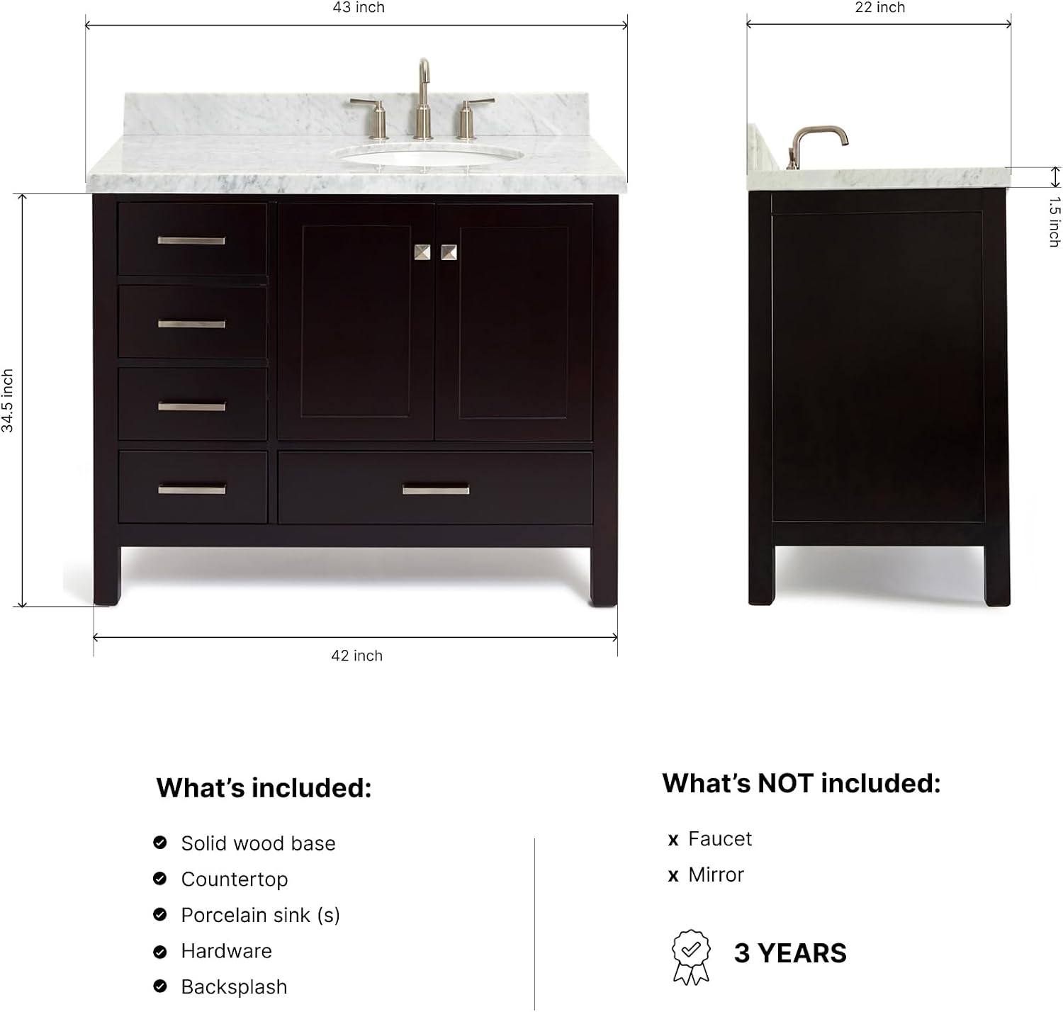 DKB Beckford 42' Espresso Bathroom Vanity with Sink – Carrara White Marble Countertop, Offset Oval Undermount Sink, Solid Wood, 2 Soft-Closing Doors, 5 Dovetail Drawers, Satin Nickel