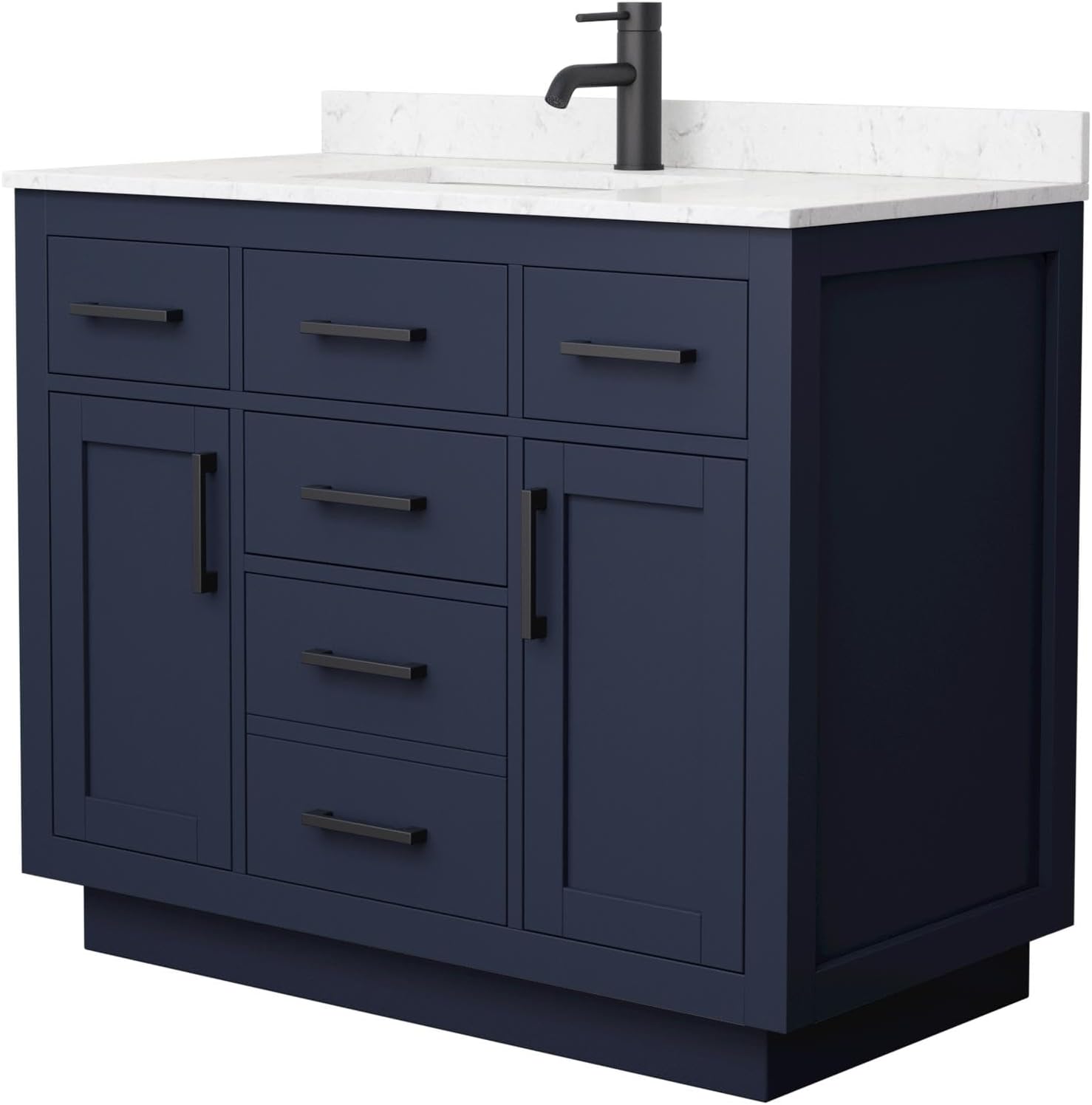 Wyndham Collection Beckett 42 Inch Single Bathroom Vanity with Toe Kick in Dark Blue, Carrara Cultured Marble Countertop, Undermount Square Sink, Matte Black Trim