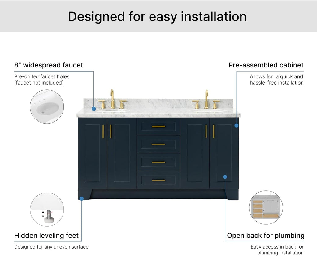 ARIEL Taylor 66-inch Bathroom Vanity with Sink,Solid Wood, 1.5-inch Italian Carrara Marble Countertop, Double Oval Porcelain Sink, 4 Soft Closing Doors, 5 Dovetail Drawers, Midnight Blue