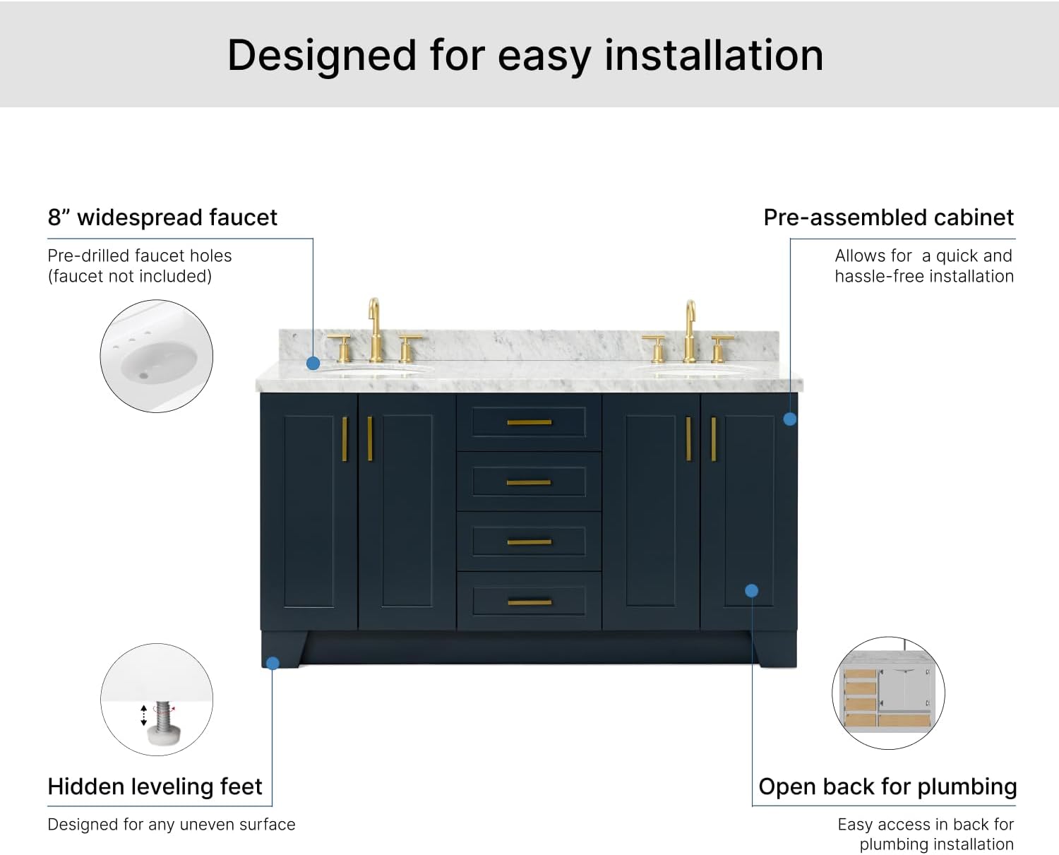 ARIEL Taylor 66-inch Bathroom Vanity with Sink,Solid Wood, 1.5-inch Italian Carrara Marble Countertop, Double Oval Porcelain Sink, 4 Soft Closing Doors, 5 Dovetail Drawers, Midnight Blue