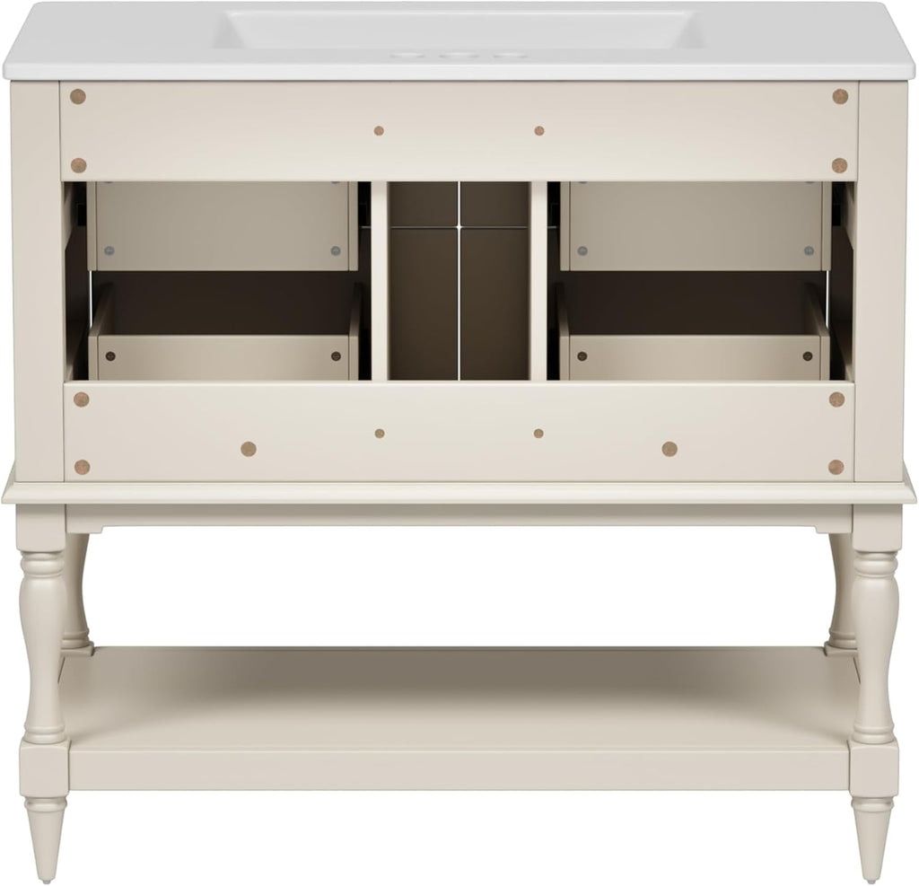 Merax Country 36' Bathroom Vanity with Sink, Farmhouse Bathroom Vanity Storage Cabinet with 4 Drawers and Open Shelf, Solid Wood Frame Bath Storage Vanity