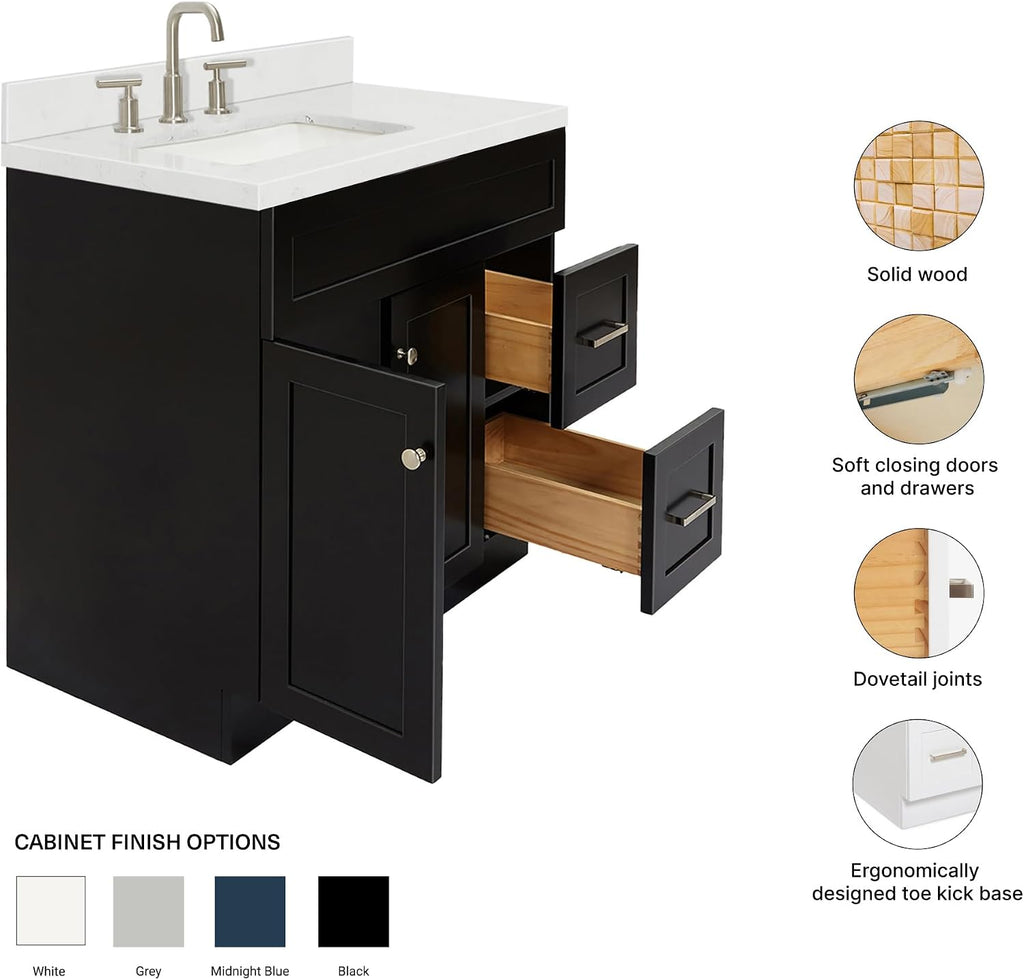 ARIEL Hamlet 36-inch Bathroom Vanity with Sink,Solid Wood, 1.5-inch Carrara White Quartz Countertop & Backsplash, Single Rectangular Porcelain Sink, 2 Soft Closing Doors, 2 Dovetail Drawers, Black