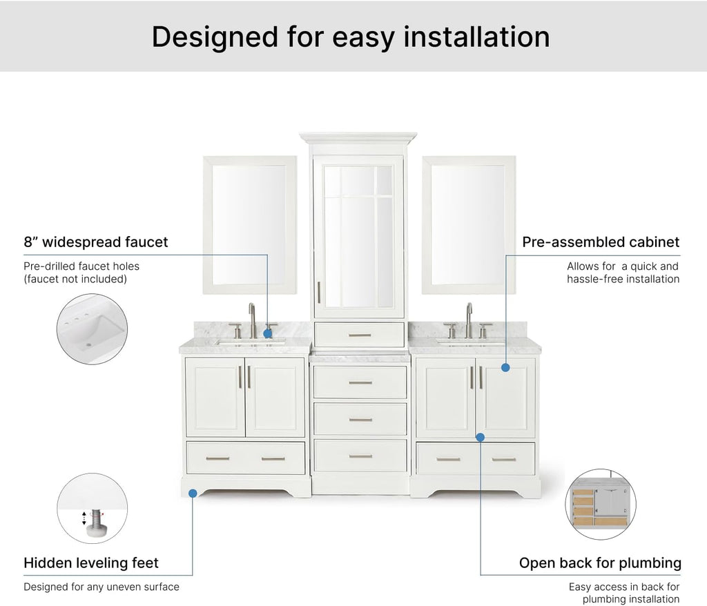 ARIEL Stafford 84-inch Bathroom Vanity with Sink,Solid Wood, 1.5-inch Italian Carrara Marble Countertop, Double Rectangular Porcelain Sink, 5 Soft Closing Doors, 6 Dovetail Drawers, White