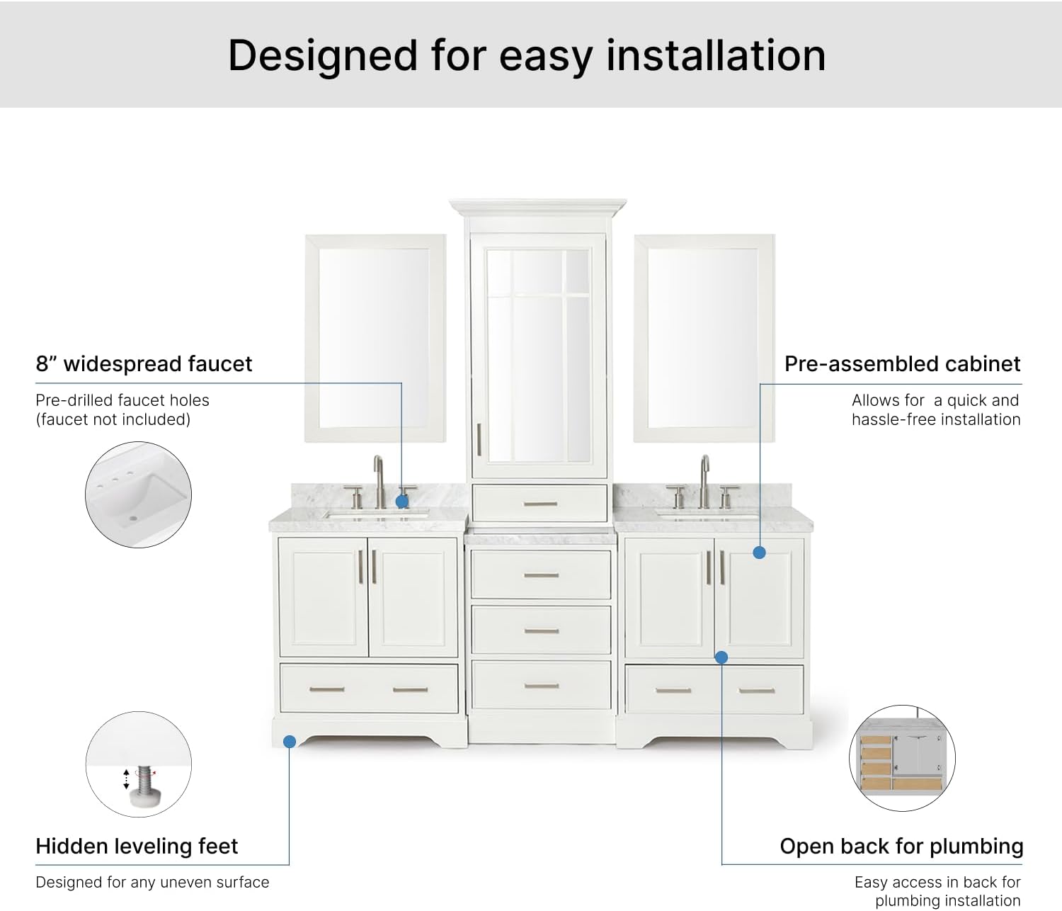 ARIEL Stafford 84-inch Bathroom Vanity with Sink,Solid Wood, 1.5-inch Italian Carrara Marble Countertop, Double Rectangular Porcelain Sink, 5 Soft Closing Doors, 6 Dovetail Drawers, White