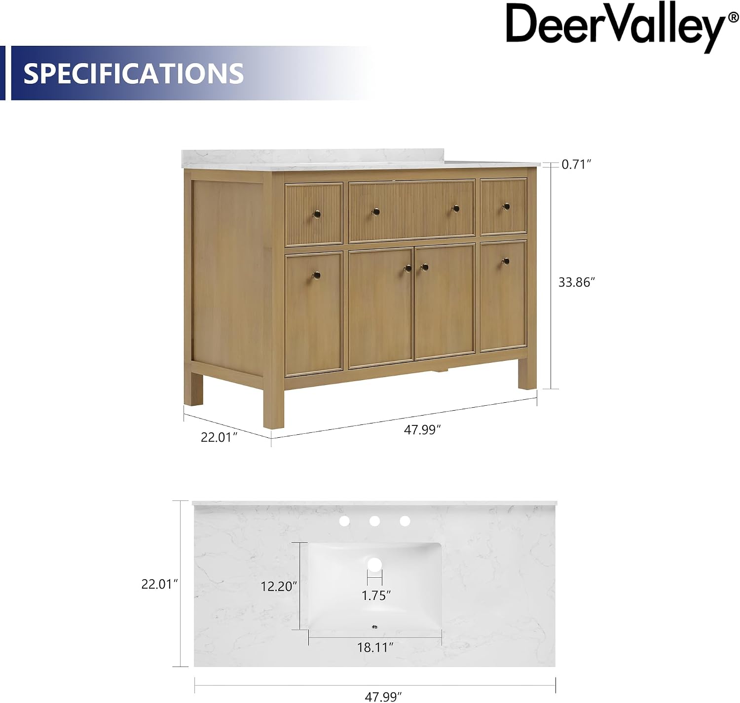 DeerValley 48' Bathroom Vanity, Pre-Assembled Vanity for Bathroom with Soft Closing and Splash Guard, Pre-drilled 3 Holes, Large Storage Space Cabinet, Natural Wood Color