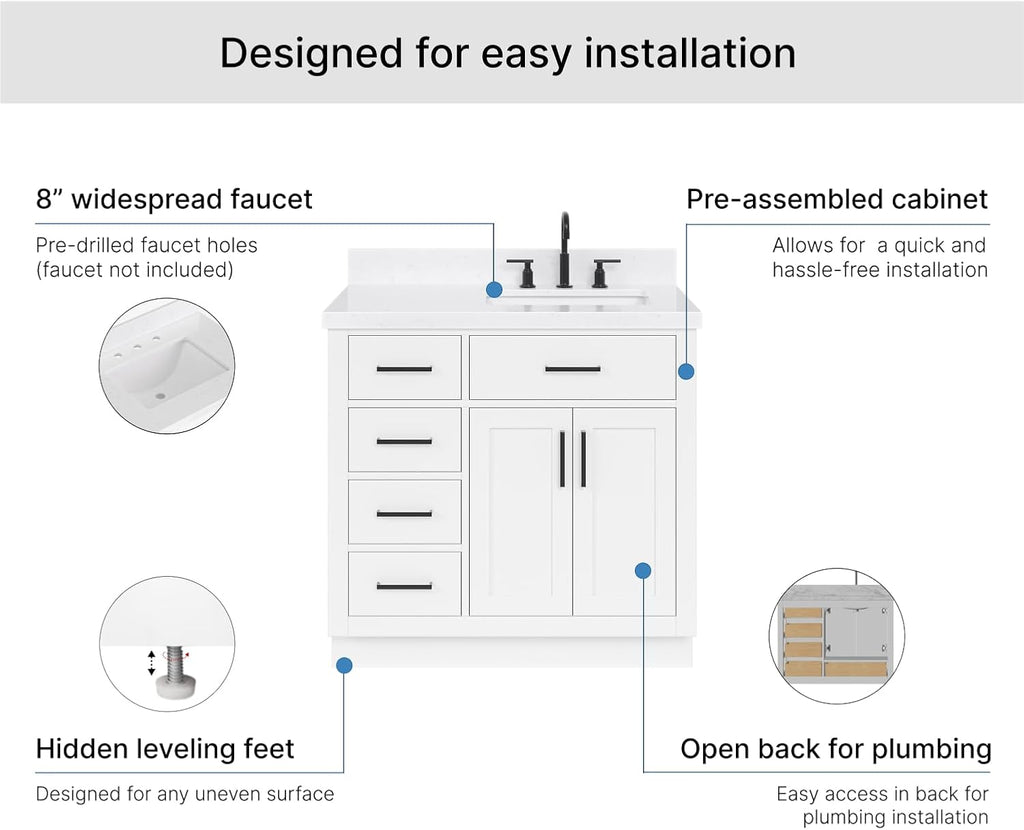 ARIEL Hepburn 36-inch Bathroom Vanity with Sink,Solid Wood, 1.5-inch Carrara White Quartz Countertop & Backsplash, Single Rectangular Porcelain Sink, 2 Soft Closing Doors, 5 Dovetail Drawers, White