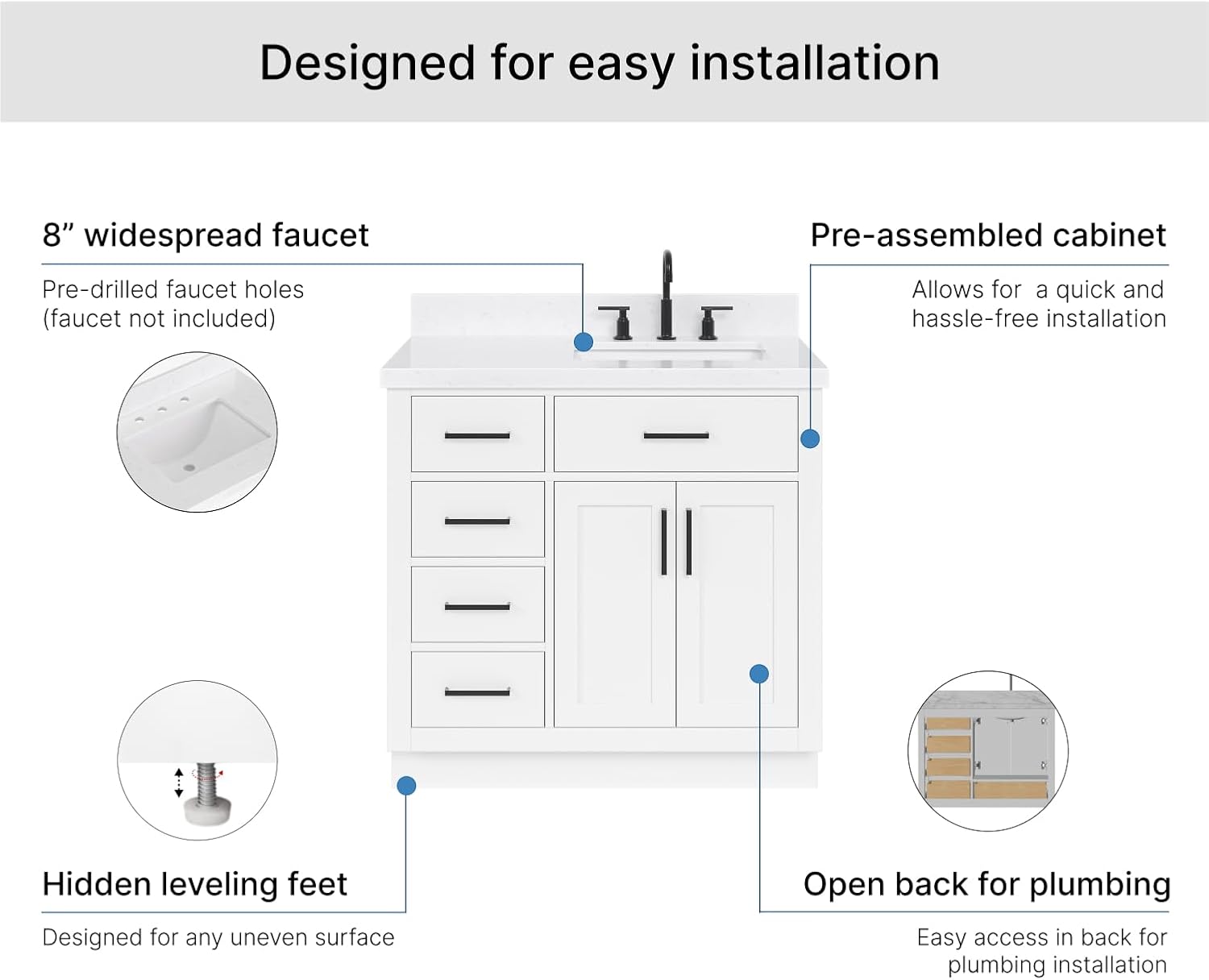 ARIEL Hepburn 36-inch Bathroom Vanity with Sink,Solid Wood, 1.5-inch Carrara White Quartz Countertop & Backsplash, Single Rectangular Porcelain Sink, 2 Soft Closing Doors, 5 Dovetail Drawers, White