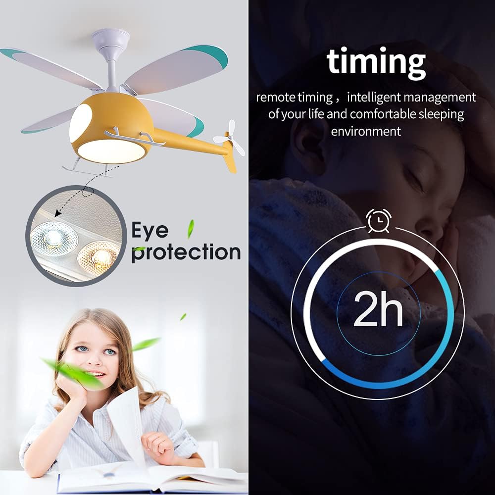 Children's Bedroom Ceiling Fan with lights,Remote control speed,Dimmable Kids Room Cartoon Ceiling Fan Lamp,Helicopter Model Teddy Bear Model Options Yellow