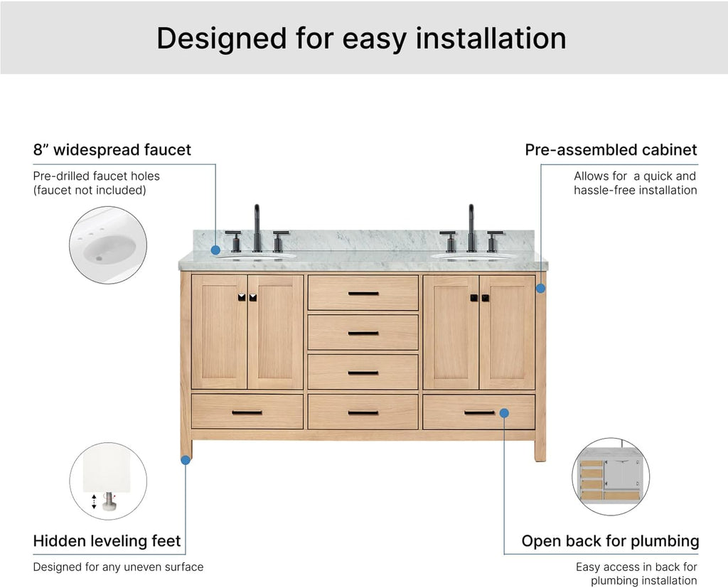 ARIEL Cambridge 66-inch Bathroom Vanity with Sink,Solid Wood, 1.5-inch Italian Carrara Marble Countertop, Double Oval Porcelain Sink, 4 Soft Closing Doors, 6 Dovetail Drawers, White Oak