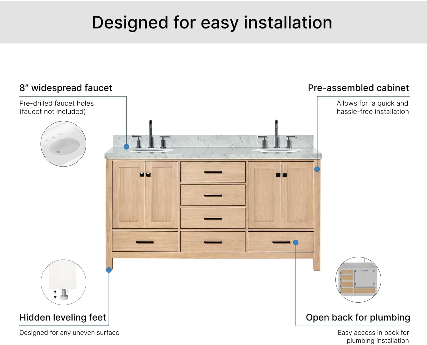 ARIEL Cambridge 66-inch Bathroom Vanity with Sink,Solid Wood, 1.5-inch Italian Carrara Marble Countertop, Double Oval Porcelain Sink, 4 Soft Closing Doors, 6 Dovetail Drawers, White Oak