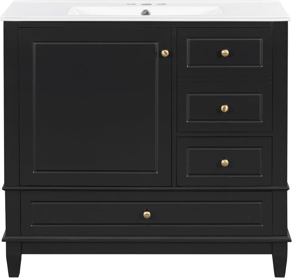 36 Inch Bathroom Vanity with Sink Set, Undermount Vanity Sink Cabinet with 3 Drawers and Door Storage, Soft Closing Door, Wood Frame, Black