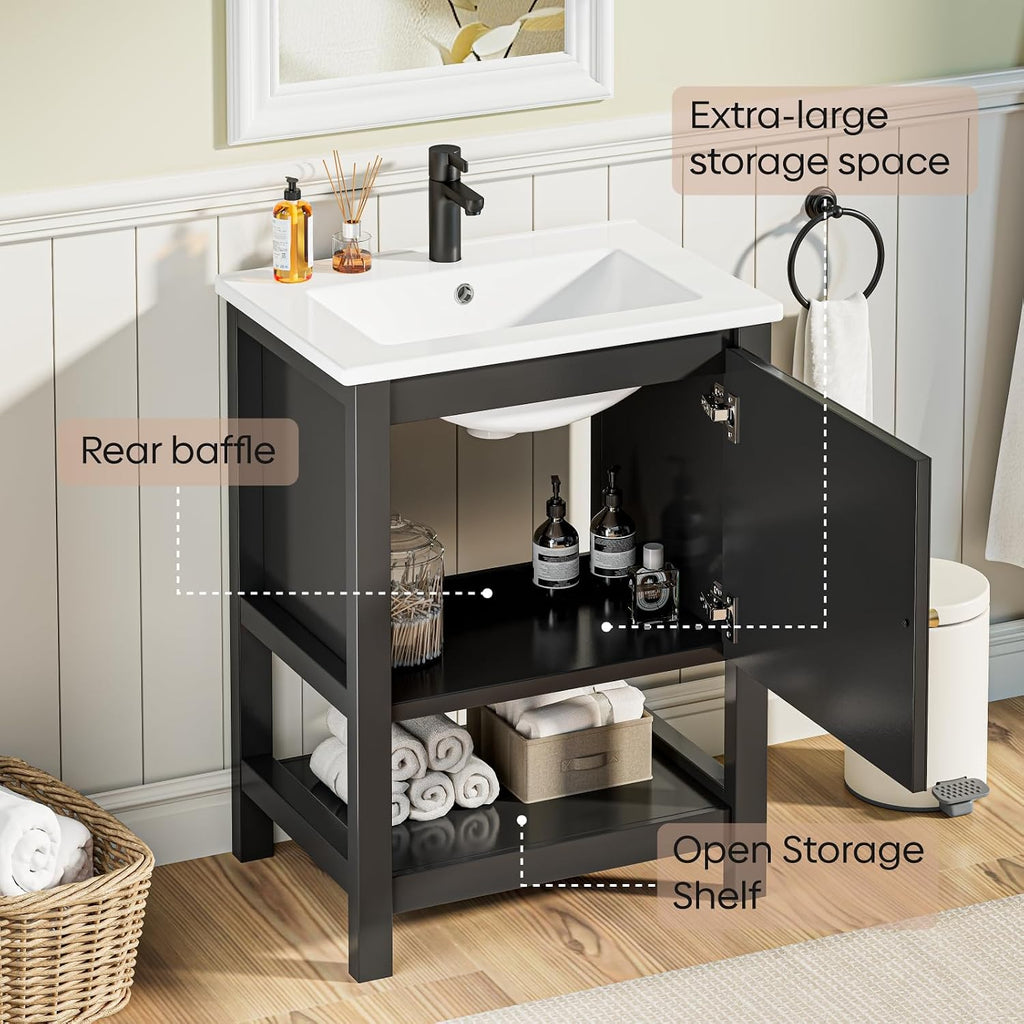 24 Inch Bathroom Vanity with Sink, Small Farmhouse Freestanding Bathroom Cabinet Combo Set, Soft Closing Door and Open Storage Shelf, Black