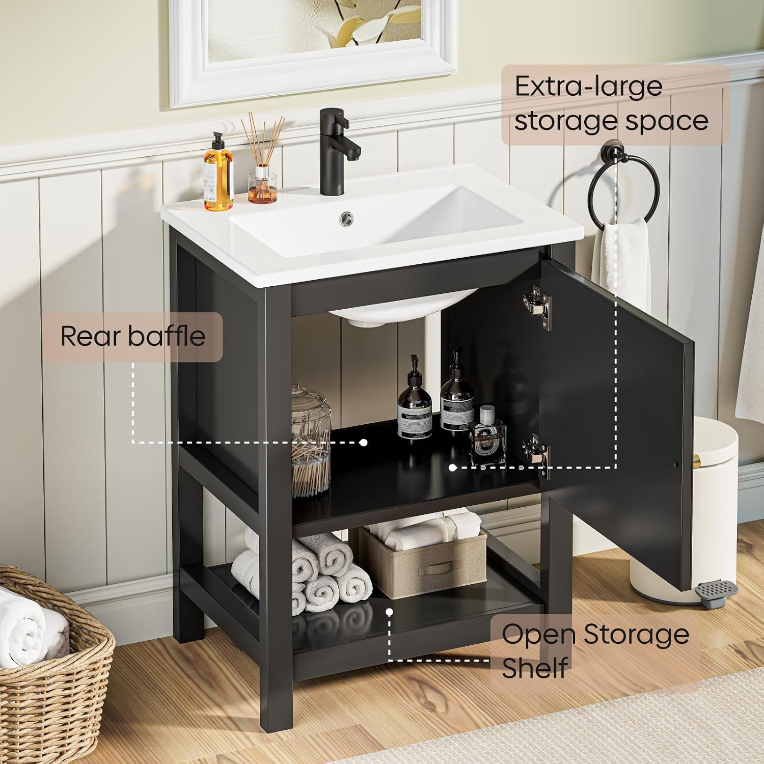 24 Inch Bathroom Vanity with Sink, Small Farmhouse Freestanding Bathroom Cabinet Combo Set, Soft Closing Door and Open Storage Shelf, Black
