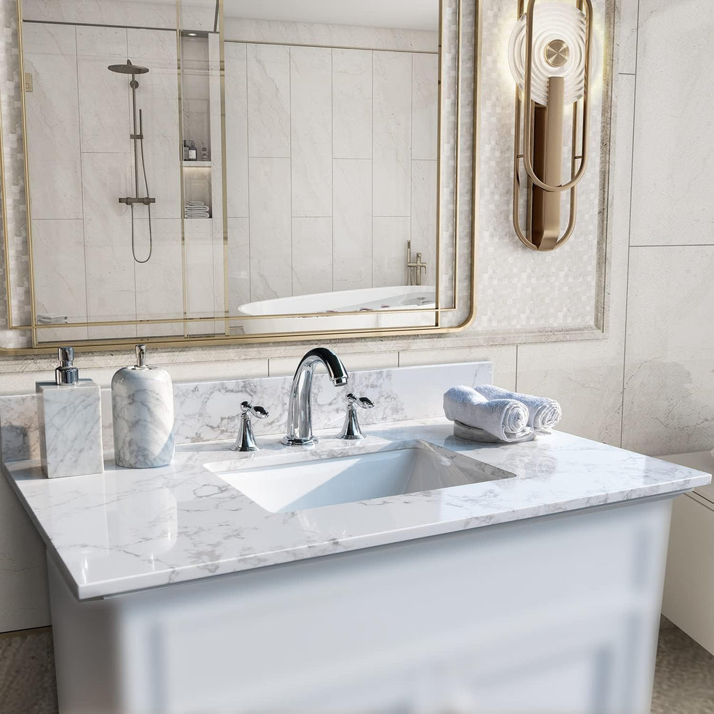 Marble White Stone Vanity Top - 37 Inch Vanity Sink Tops, Gorgeous Counter top with Ceramic Sink & Backsplash for Bathroom Kitchen, No Cabinet