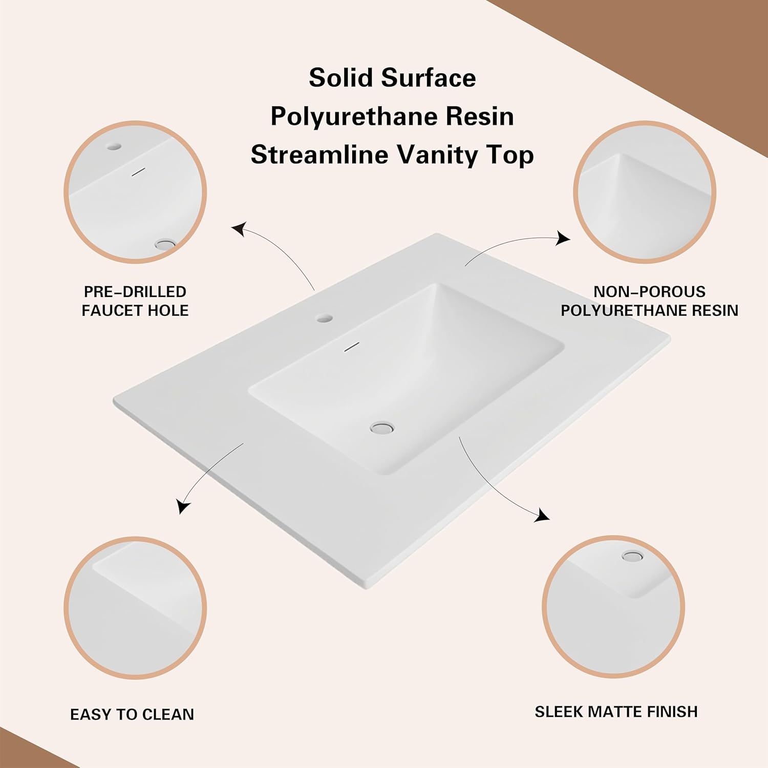 31' W x 22' D Solid Surface Polyurethane Resin Streamline Vanity Top with Sink, Durable, Consistent Color, Easy-to-Clean, Built-in Overflow (Solid Surface Resin Vanity Top)
