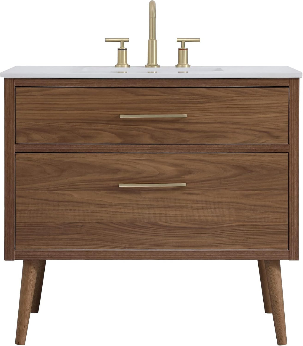 36' Pre-Assembled Bathroom Vanity with Sink, Engineered Wood, Ivory White Engineered Marble Countertop Attached, Single Rectangle Porcelain Sink, 2 Soft-Close Drawers, Walnut Brown