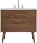 36' Pre-Assembled Bathroom Vanity with Sink, Engineered Wood, Ivory White Engineered Marble Countertop Attached, Single Rectangle Porcelain Sink, 2 Soft-Close Drawers, Walnut Brown