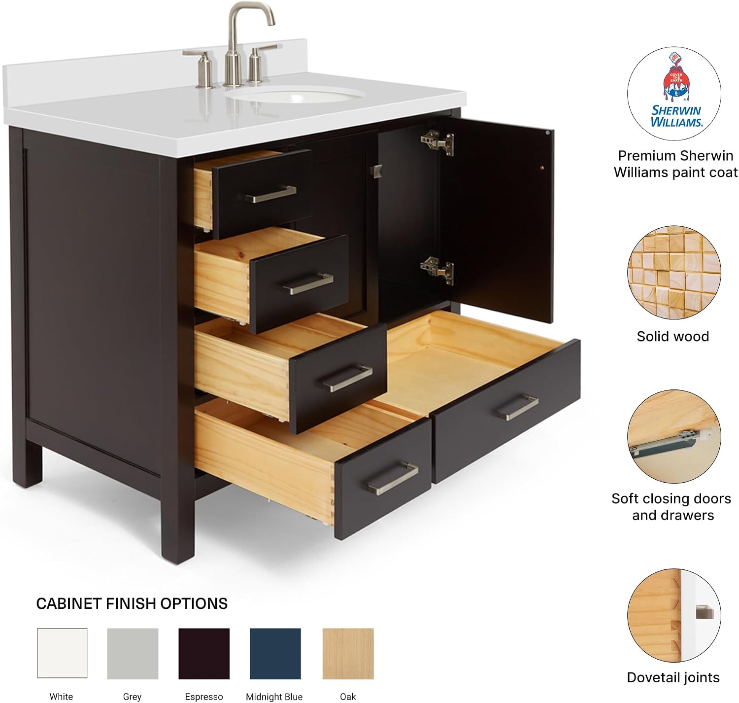 DKB Beckford 42-Inch Espresso Bathroom Vanity with Right Oval Sink, 1.5-Inch Pure White Quartz Countertop & Backsplash, 2 Soft Closing Doors, 5 Dovetail Drawers, Satin Brass Hardware