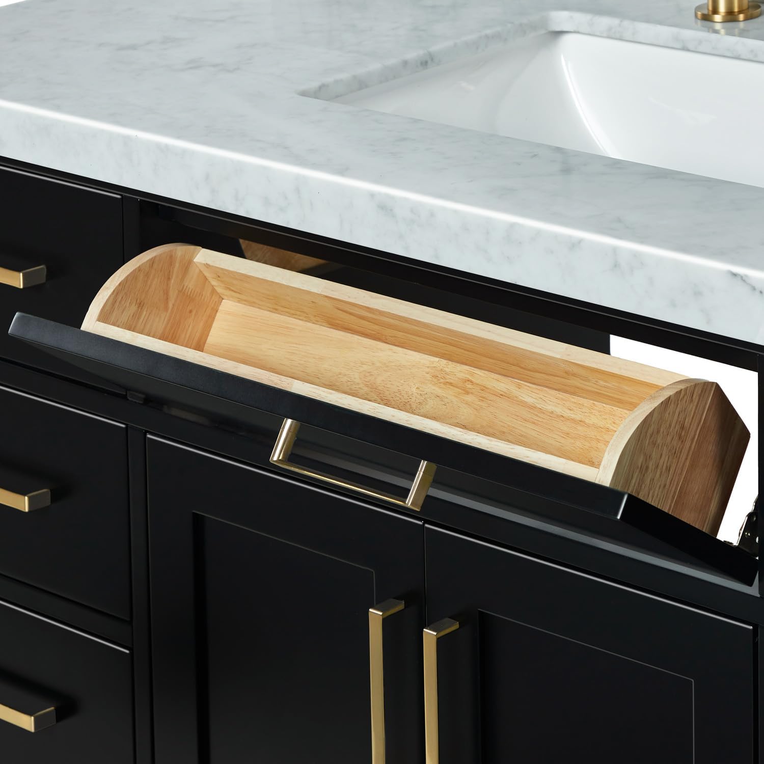 ARIEL Hepburn 60-inch Bathroom Vanity with Sink,Solid Wood, 1.5-inch Italian Carrara Marble Countertop, Single Rectangular Porcelain Sink, 2 Soft Closing Doors, 9 Dovetail Drawers, Black