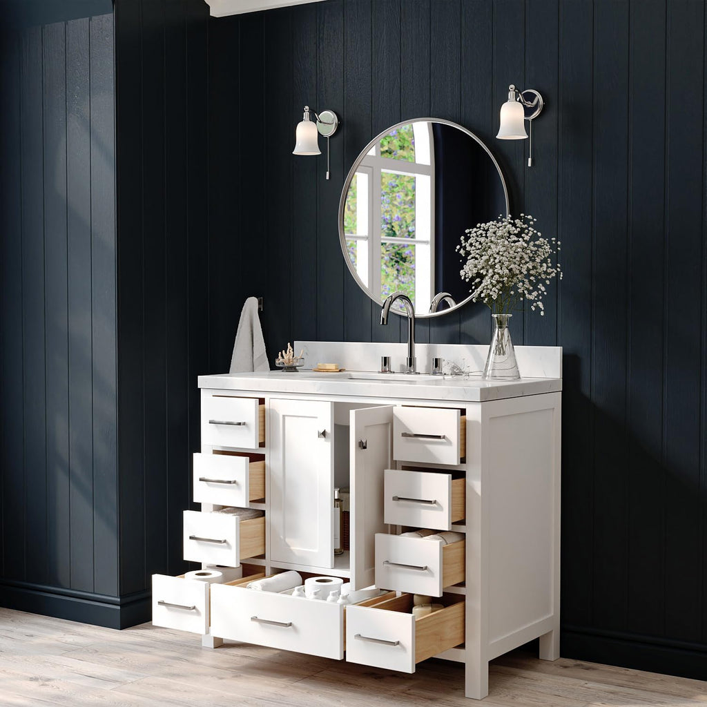 ARIEL Cambridge 42-inch Bathroom Vanity with Sink,Solid Wood, 1.5-inch Carrara White Quartz Countertop, Single Rectangular Porcelain Sink, 2 Soft Closing Doors, 9 Dovetail Drawers, White