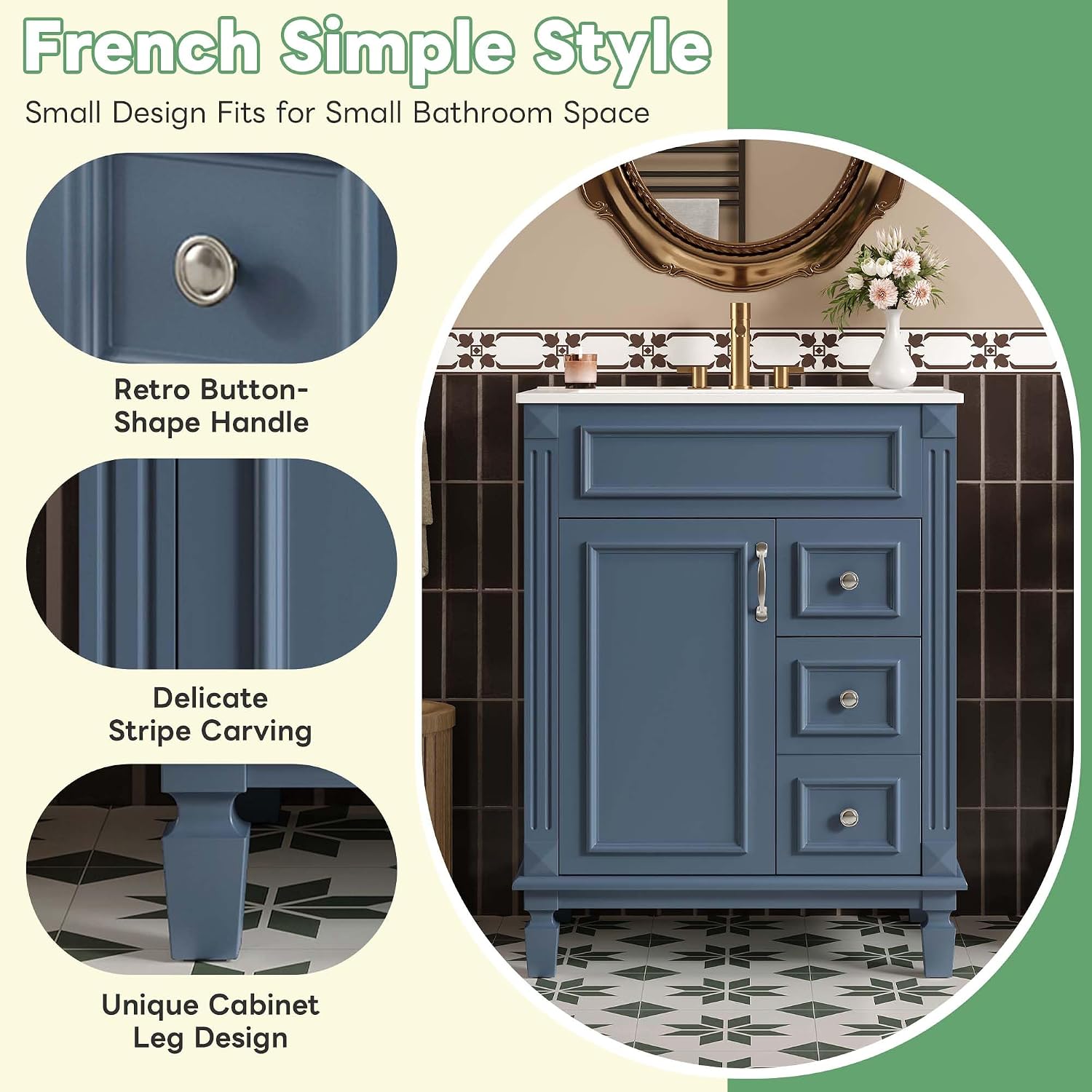 24 Inch Blue-Grey Bathroom Vanity with Sink,Modern Bathroom Vanity with 2 Drawers & Adjustable Shelf,Soft Closing Doors & Black Handles,Solid Wood Frame,French Embossed Front