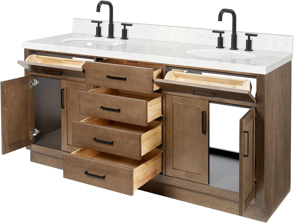ARIEL Hepburn 72-inch Bathroom Vanity with Sink,Solid Wood, 1.5-inch Carrara White Quartz Countertop & Backsplash, Double Oval Porcelain Sink, 4 Soft Closing Doors, 6 Dovetail Drawers, Brown Oak