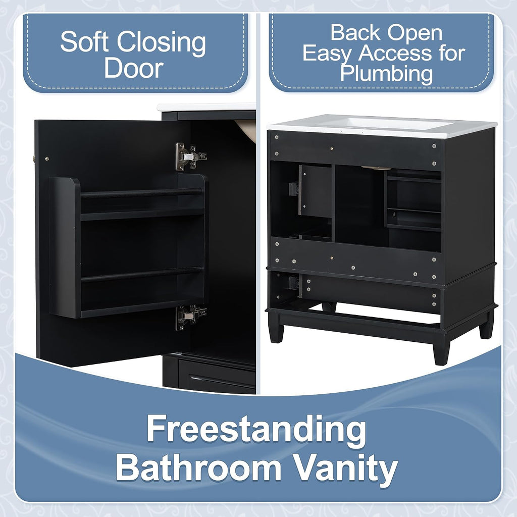 30' Modern Freestanding Bathroom Vanity with Ceramic Sink Top, 3 Drawers & Storage Shelves - MDF & Solid Wood Base