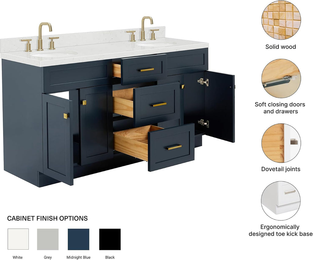 ARIEL Hamlet 66-inch Bathroom Vanity with Sink,Solid Wood, 1.5-inch Carrara White Quartz Countertop & Backsplash, Double Oval Porcelain Sink, 4 Soft Closing Doors, 3 Dovetail Drawers, Midnight Blue