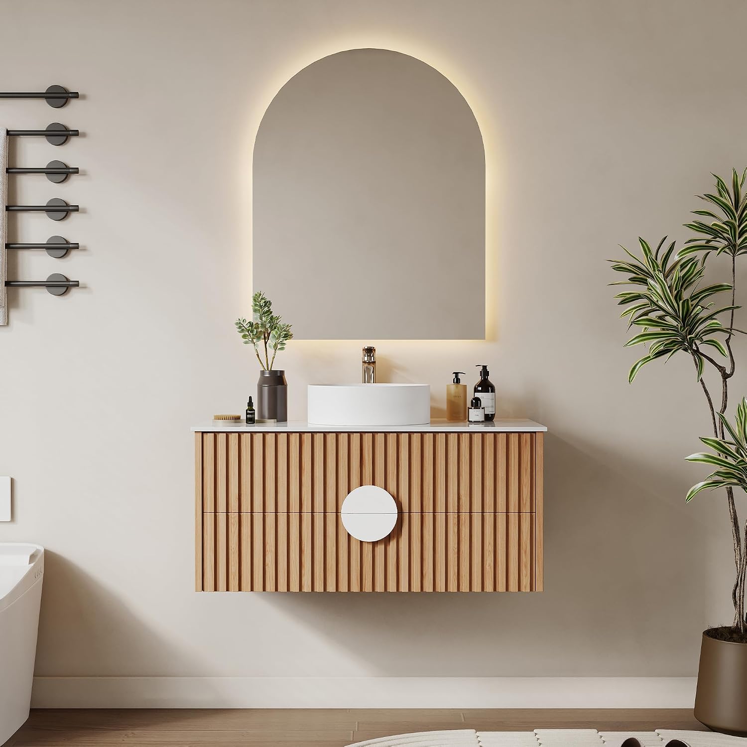 36' Floating Bathroom Vanity with Sink, Modern Wall Mounted Vanity Bathroom Storage Cabinet with Fluted Drawers, White Sintered Stone Top Ceramic Basin, Light Wood