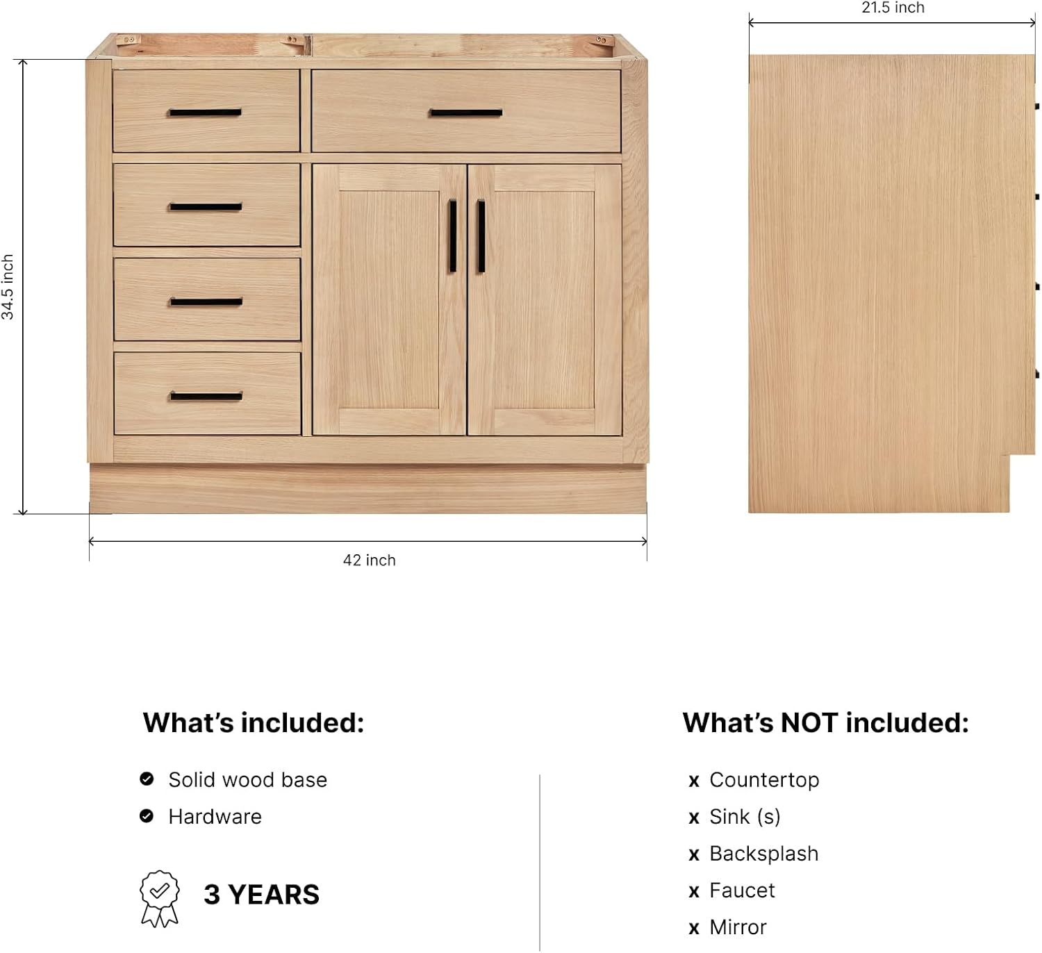 ARIEL Hepburn 42-inch Bathroom Vanity Base Cabinet,Solid Wood, 2 Soft Closing Doors, 5 Dovetail Drawers, White Oak