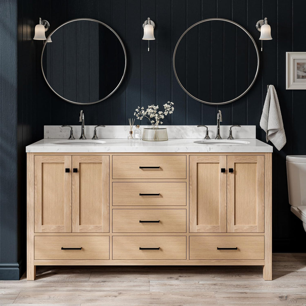 ARIEL Cambridge 66-inch Bathroom Vanity with Sink,Solid Wood, 1.5-inch Carrara White Quartz Countertop & Backsplash, Double Oval Porcelain Sink, 4 Soft Closing Doors, 6 Dovetail Drawers, White Oak