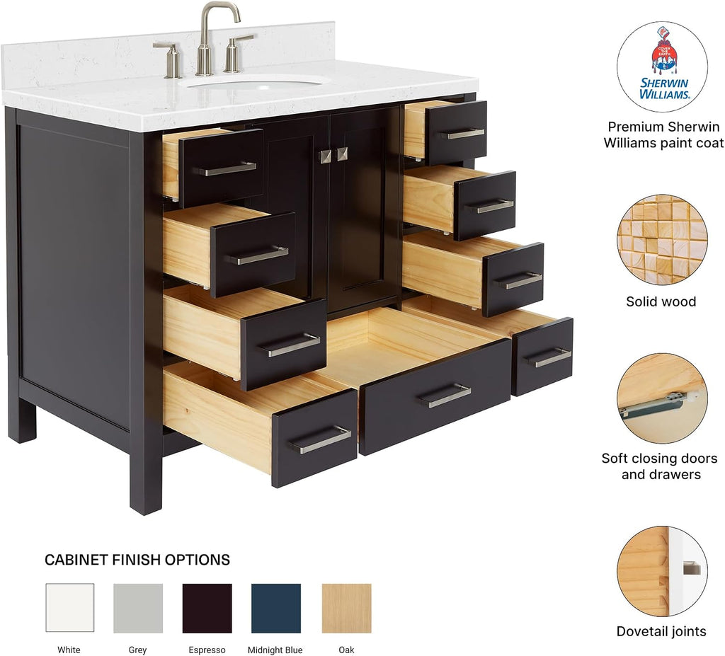 DKB Beckford 42-Inch Espresso Bathroom Vanity with Sink, Solid Wood Frame, Carrara White Quartz Countertop 1.5-Inch Edge, Oval Undermount Sink, 2 Soft Closing Doors, 9 Drawers