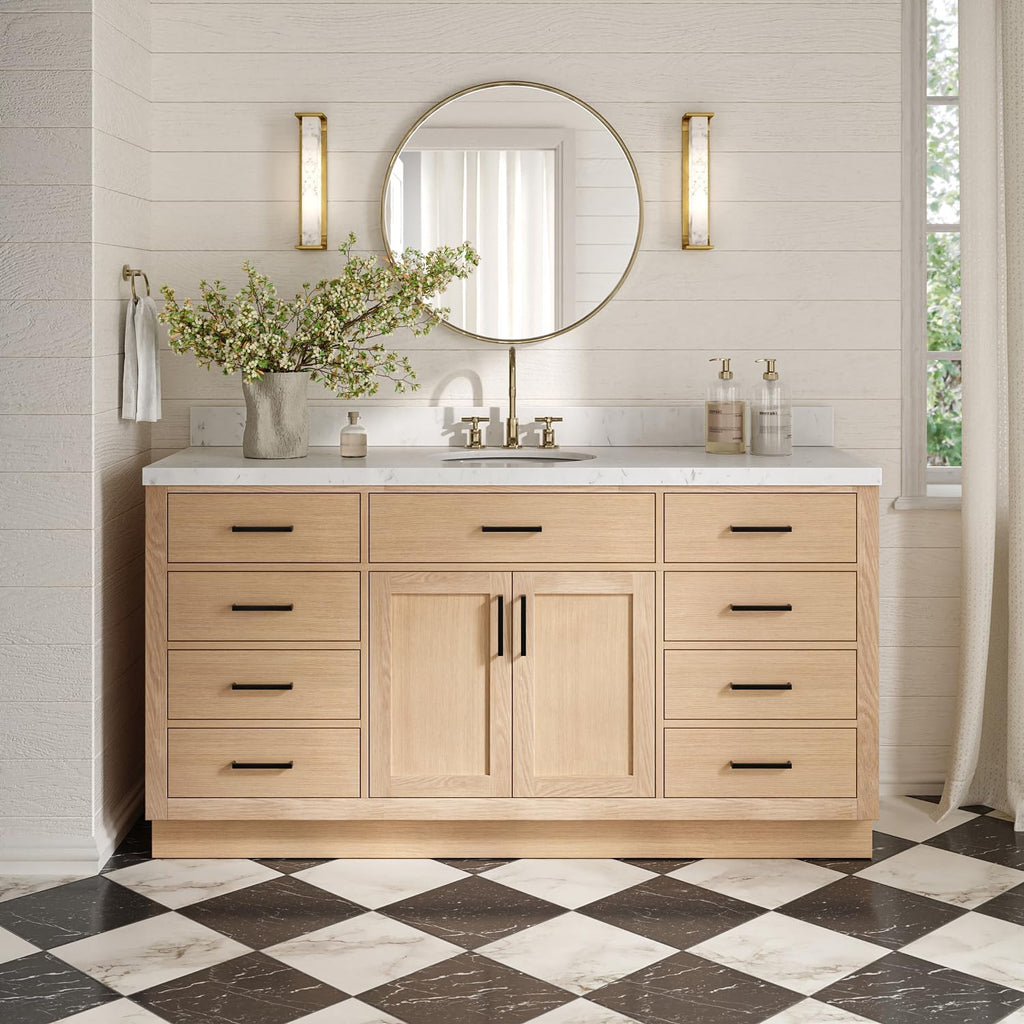 ARIEL Hepburn 66-inch Bathroom Vanity with Sink,Solid Wood, 1.5-inch Carrara White Quartz Countertop & Backsplash, Single Oval Porcelain Sink, 2 Soft Closing Doors, 9 Dovetail Drawers, White Oak
